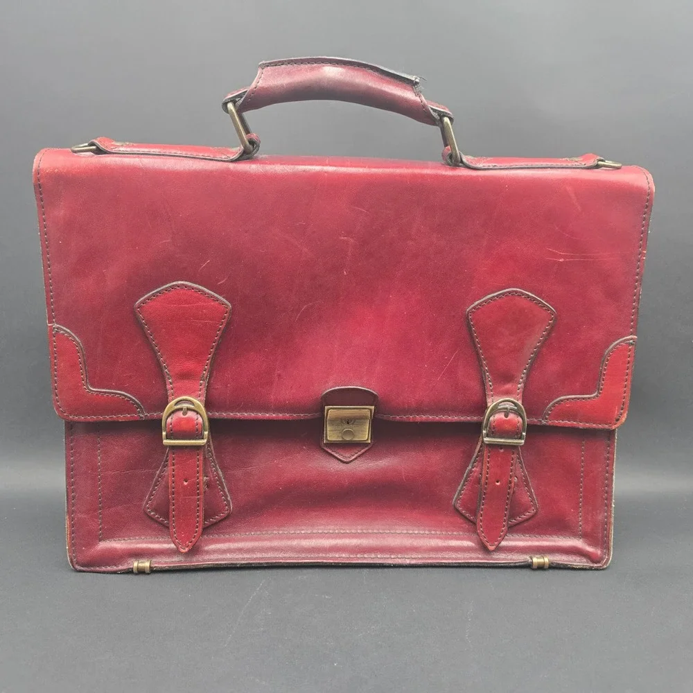 Vintage Renwick Burgundy Leather Briefcase Accordion Messenger Bag Brass
